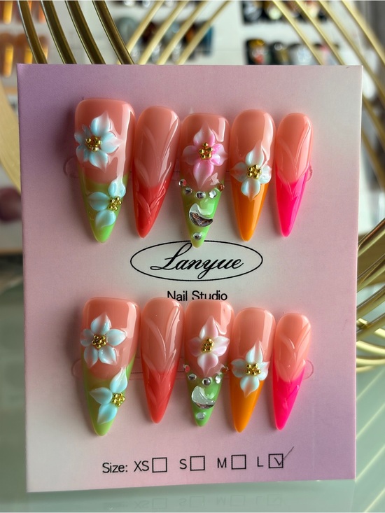 Other - Pink Ombre Stiletto Press-On Nails with Floral 3D Accents Large